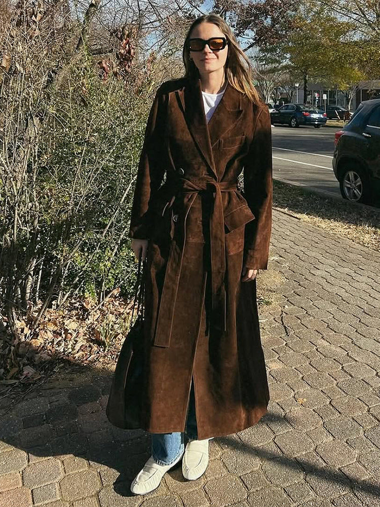 Elegant Suede Coat with Waist Belt