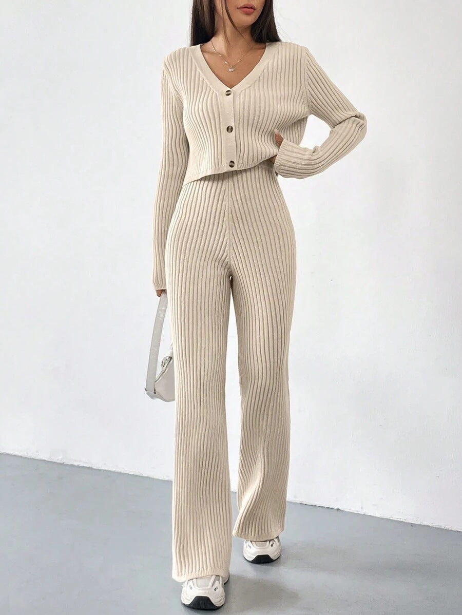 Elegant Knit Lounge Set with V-Neck