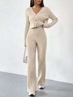 Elegant Knit Lounge Set with V-Neck