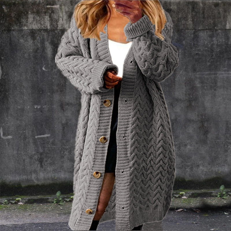 Women's Large Knit Coat with Decorative Button Closure and Cable Pattern