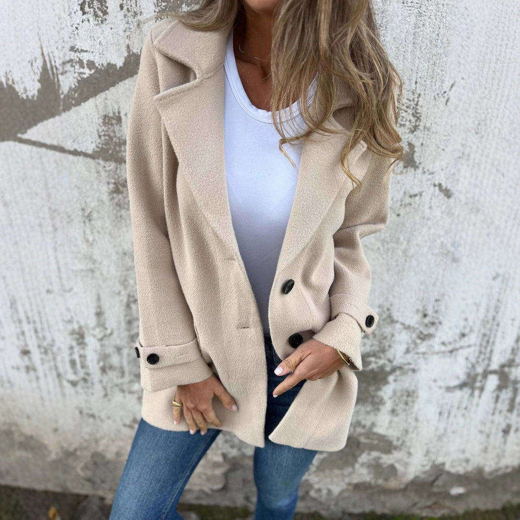 Women's Double-Breasted Fleece Coat with Large Lapel
