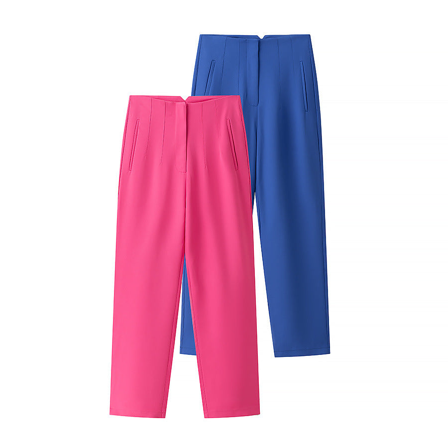 Women's Elegant High-Waisted Trousers with Fine Pleats and Pockets