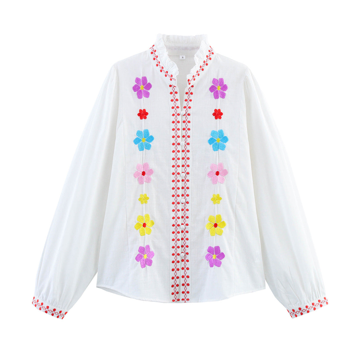 Women's Blouse with Colorful Embroidery and Romantic Ruffle Design