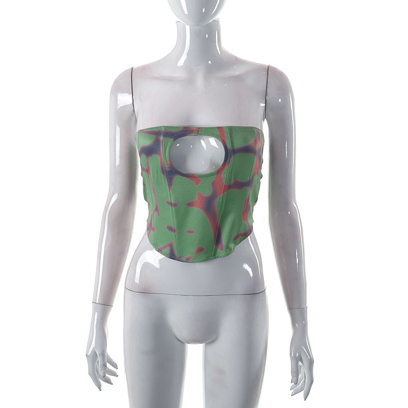 Women's Bandeau Top with Creative Cut-Out and Modern Plaid Pattern