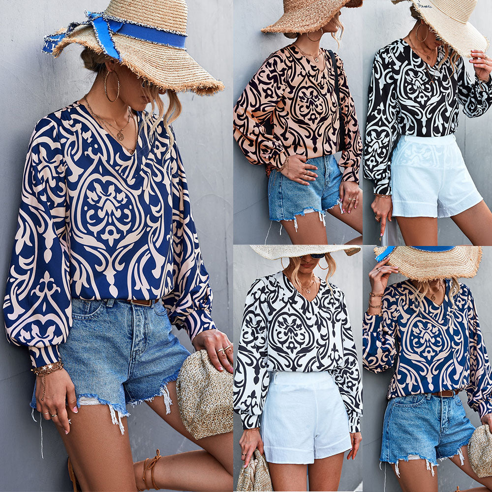 Women's Blouse with Elegant Baroque Pattern and Puff Sleeves