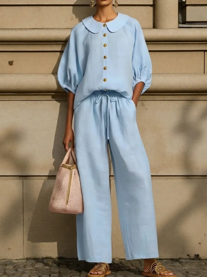 Women's Airy Two-Piece Set with Modern Collar and Button Details