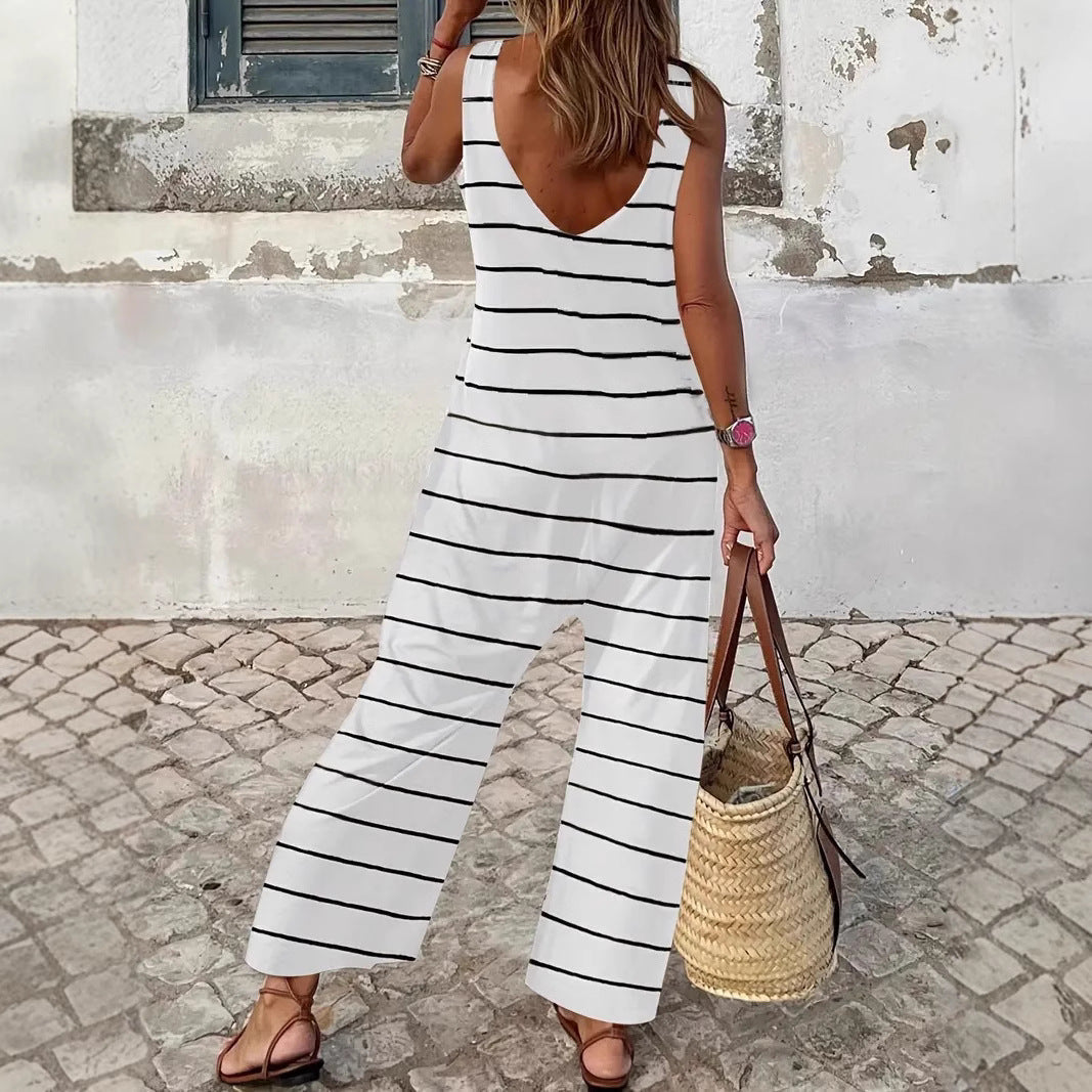 Women's Casual Wide-Leg Jumpsuit with Nautical Stripe Pattern