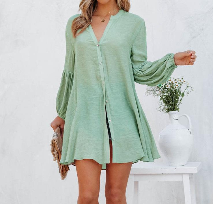 Casual Blouse with Balloon Sleeves and Full Button Placket