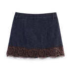 Women's Denim Skirt with Elegant Lace and Button Details