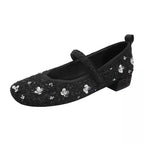 Women's Ballet Flats with Floral Glitter Accent and Adjustable Strap