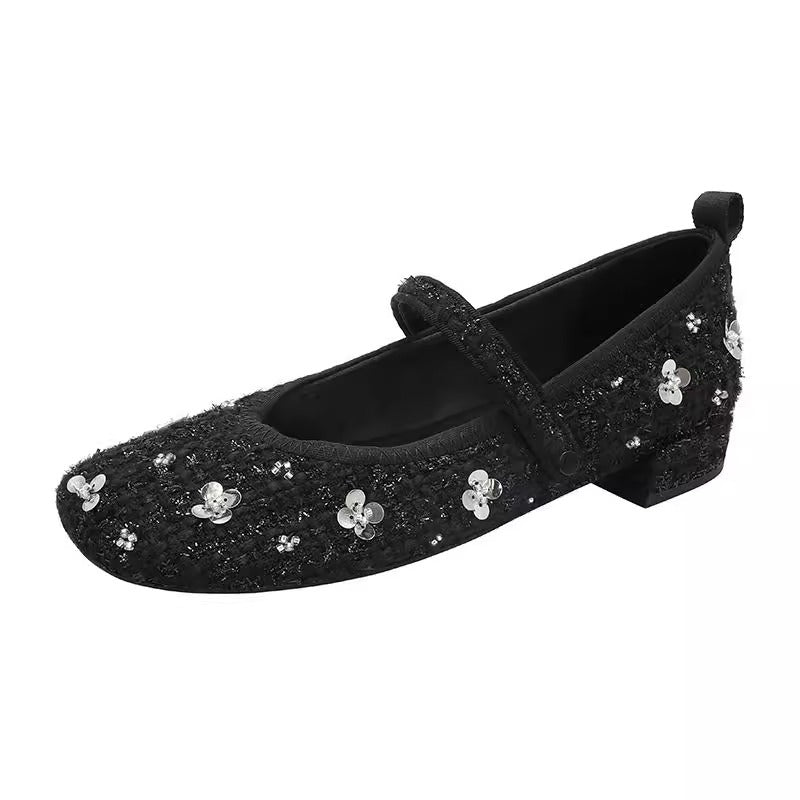 Women's Ballet Flats with Floral Glitter Accent and Adjustable Strap