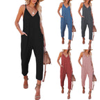 Women's Casual Jumpsuit with Deep V-Neck and Side Pockets