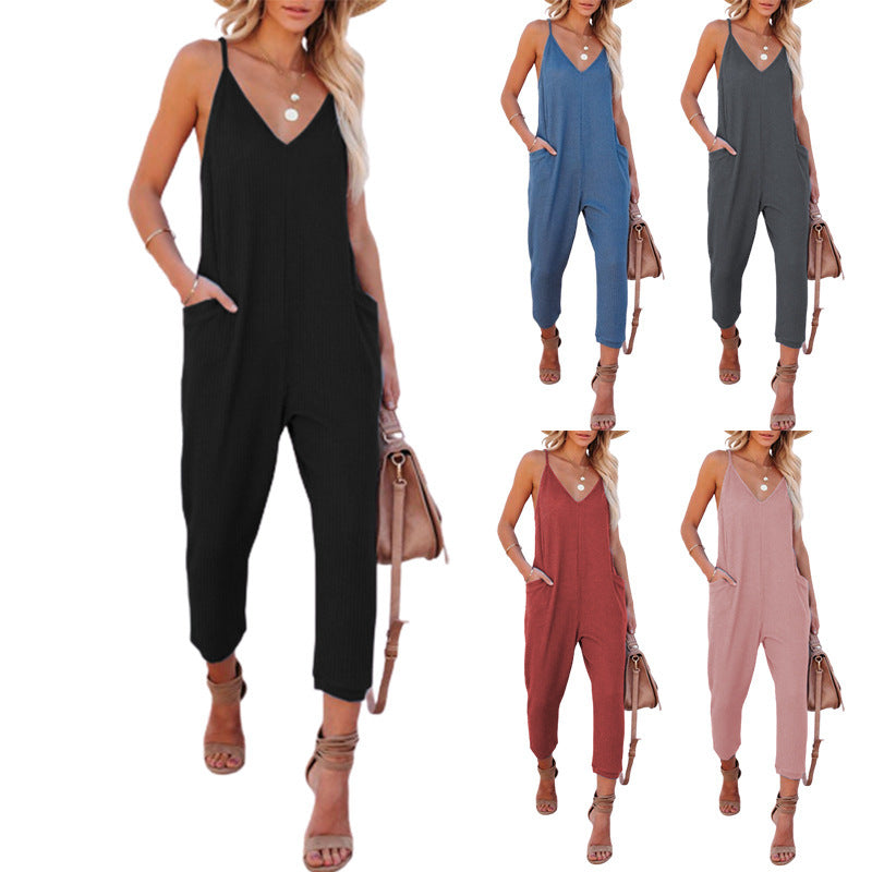 Women's Casual Jumpsuit with Deep V-Neck and Side Pockets