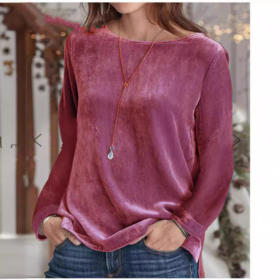 Women's Long-Sleeve Fleece Blouse with Round Neck