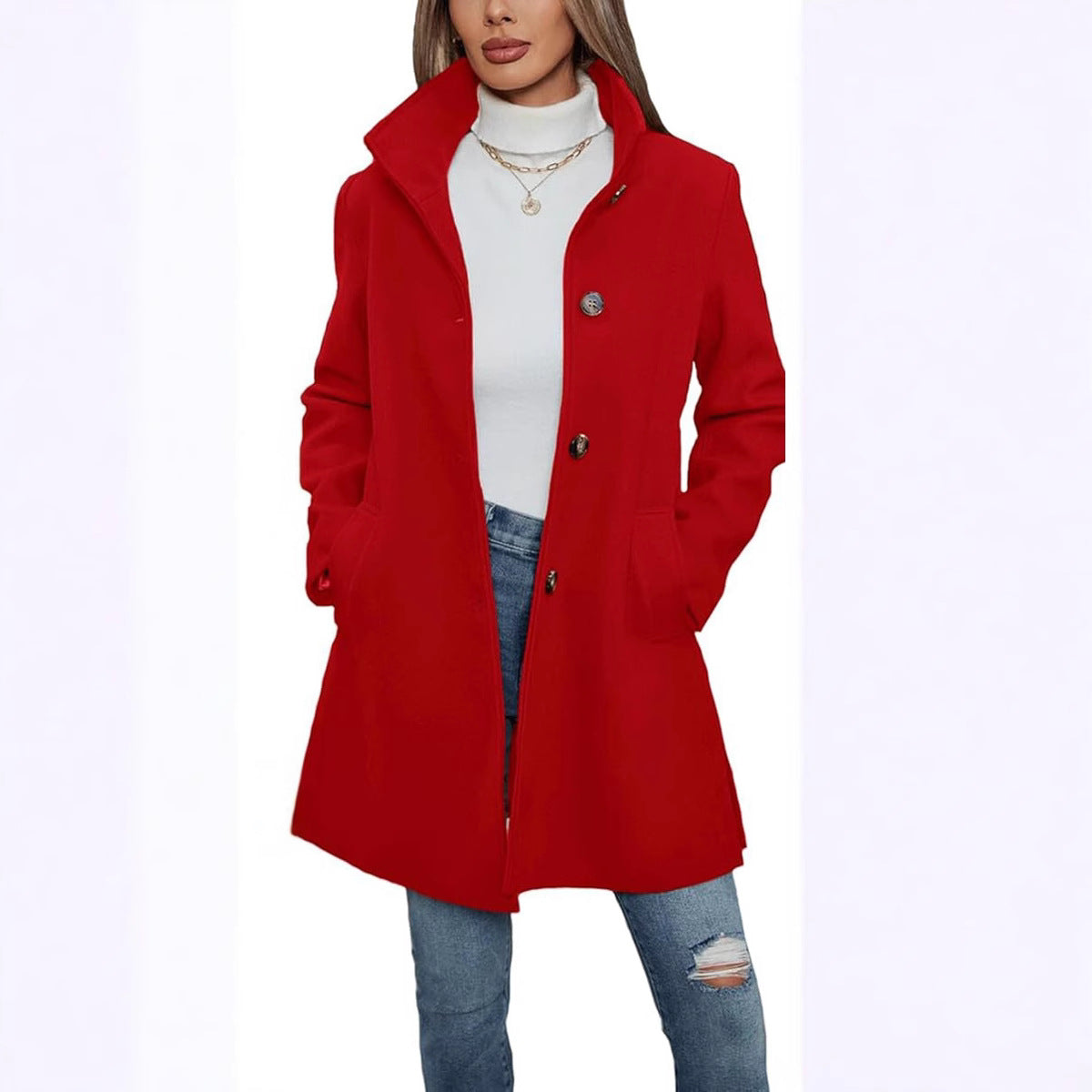 Elegant Wool Coat with High Collar and Practical Pockets