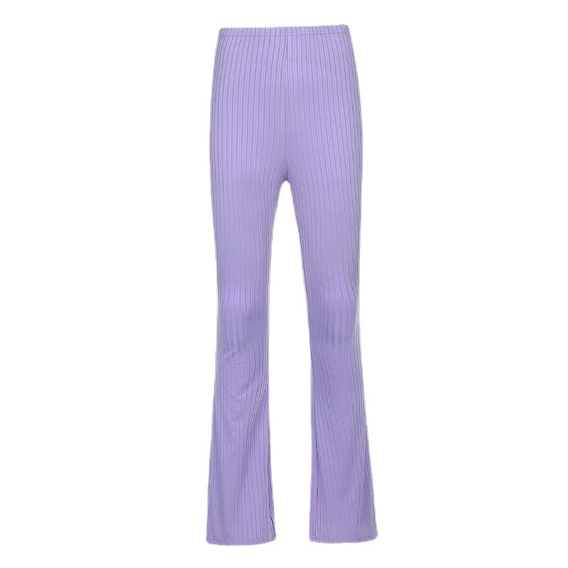 Women's High-Waisted Slim-Fit Flared Pants with Ribbed Details