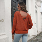 Women's Casual Knit Sweater with V-Neck and Cross Details