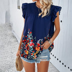 Women's Blouse with Floral Accents and Ruffle Details