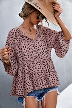 Women's Casual Blouse with Voluminous Sleeves and Polka Dot Pattern