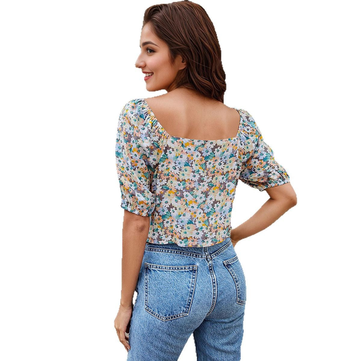 Women's Blouse with Floral Design and Ruched Detail