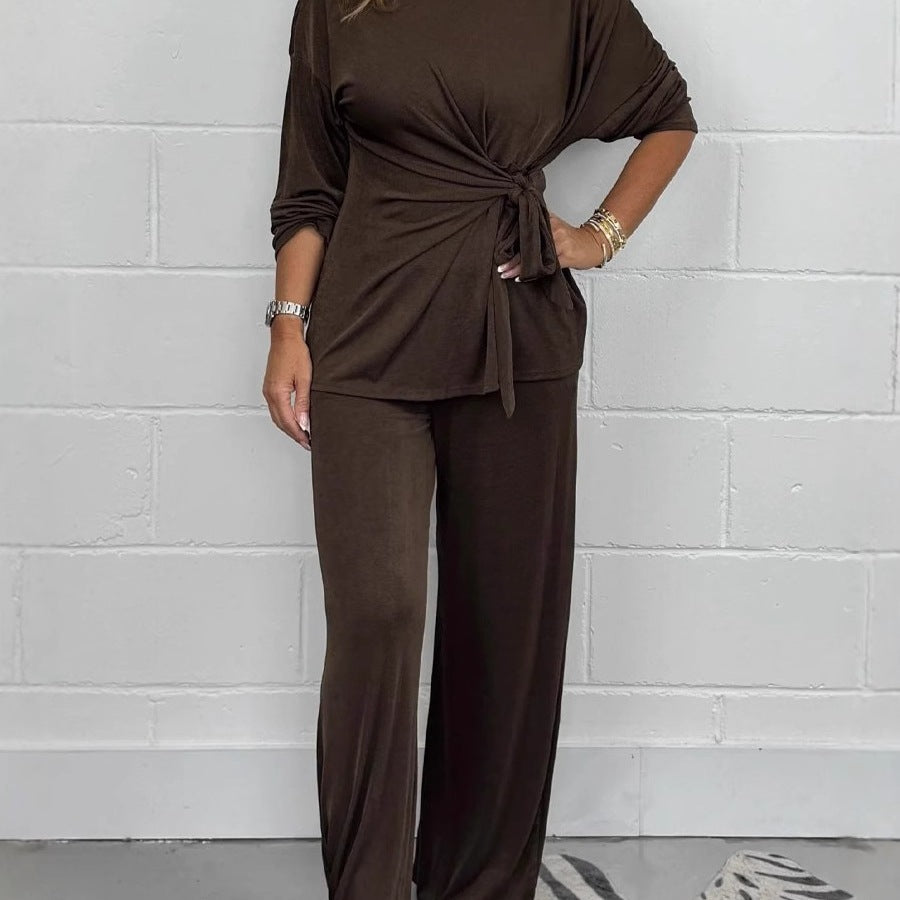 Women's Casual Lounge Set with Knot Detail and Wide-Leg Cut