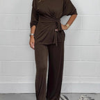 Women's Casual Lounge Set with Knot Detail and Wide-Leg Cut