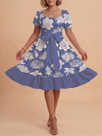 Women's A-Line Dress with Floral Motifs and Adjustable Belt