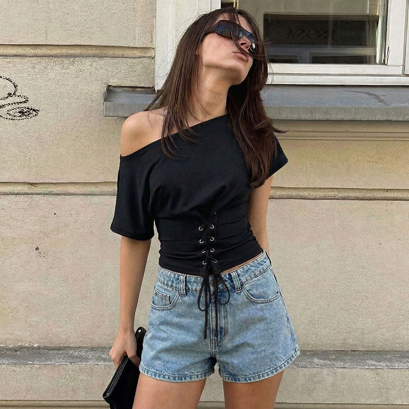 Women's Asymmetrical Top with Sophisticated Lace-Up Design