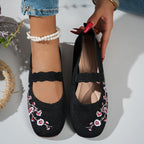 Women's Ballet Flats with Floral Embroidery and Elastic Strap