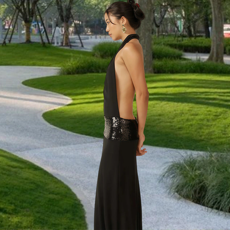 Women's Evening Dress with Cowl Neck and Glitter Waist