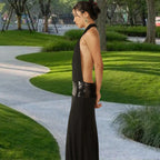 Women's Evening Dress with Cowl Neck and Glitter Waist