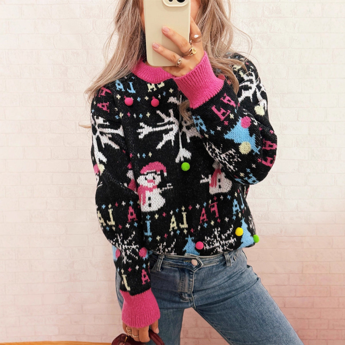 Women's Festive Sweater with Colorful Holiday Motifs and Playful Details