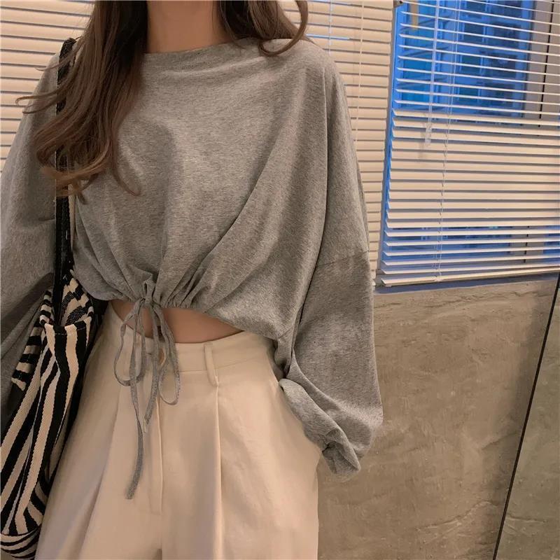 Women's Cropped Sweatshirt with Drawstring and Oversized Sleeves