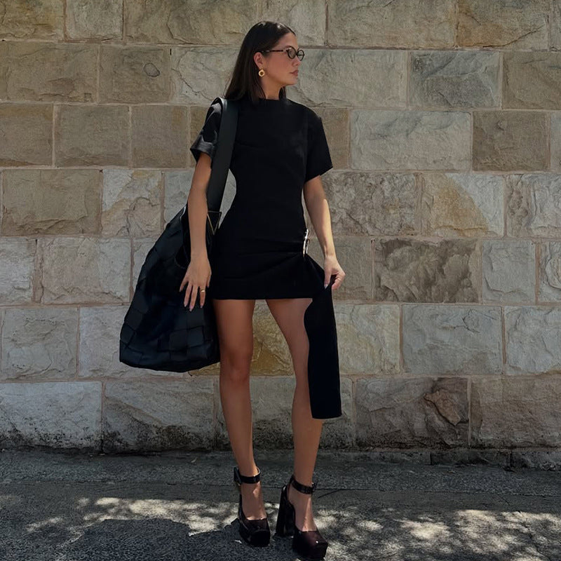 Women's Asymmetrical Mini Dress with Elegant Slit and Refined Details