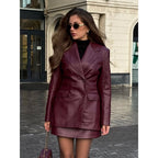 Women's Elegant Faux Leather Blazer Jacket with Tailored Cut