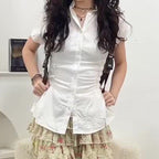 Women's Form-Fitting Short Sleeve Blouse with Ruching and Button Details
