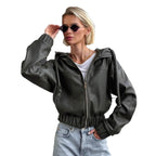 Women's Cropped Faux Leather Jacket with Contrasting Details and Elastic Hem