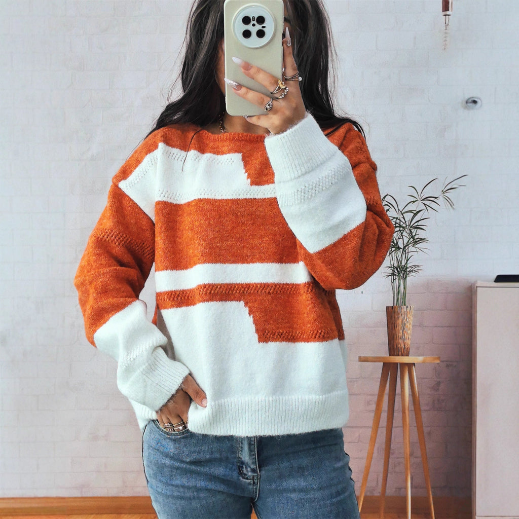 Women's Chunky Knit Sweater with Striped Pattern and Wide Cut