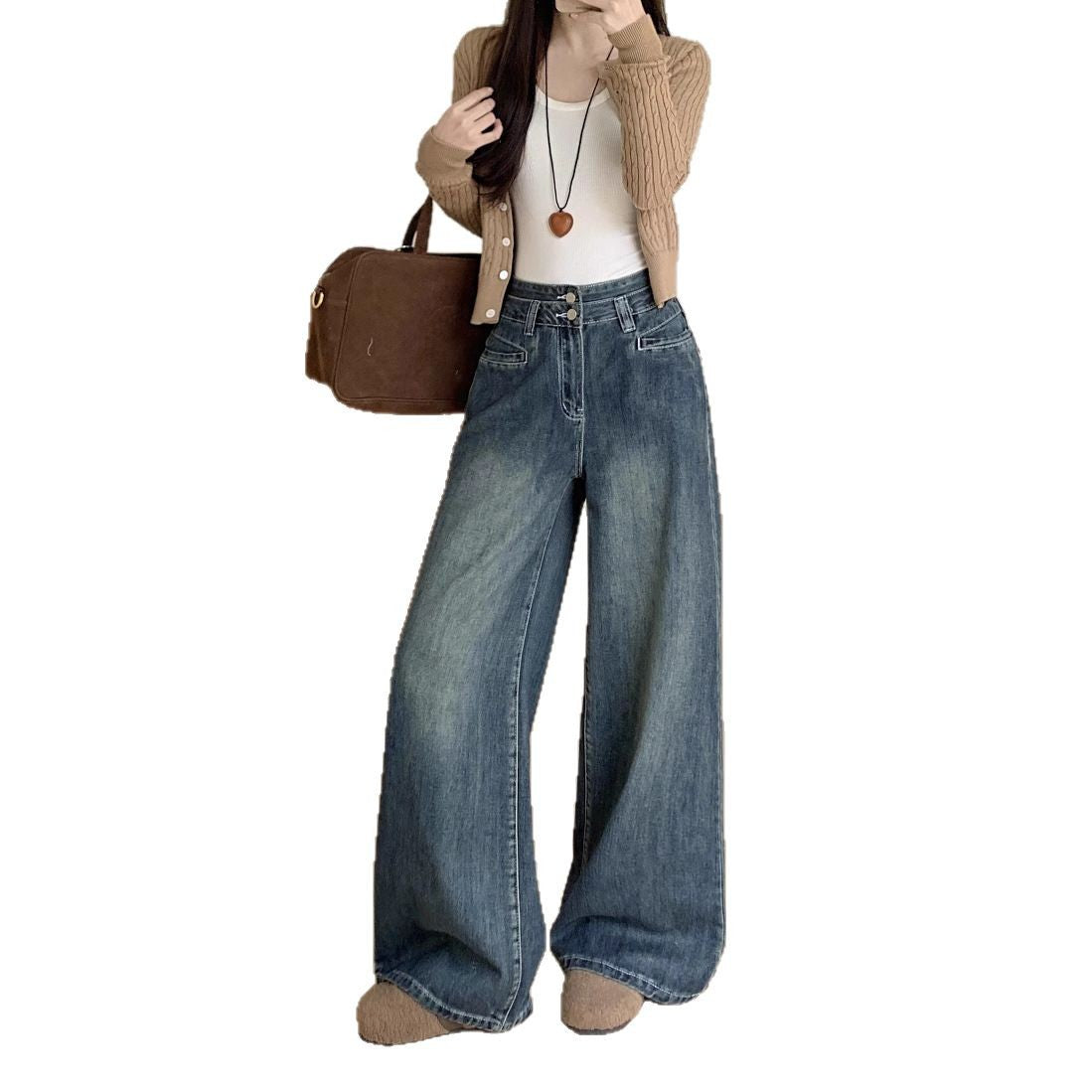 Women's Comfortable High-Waist Wide-Leg Jeans with Button Detail and Modern Pockets