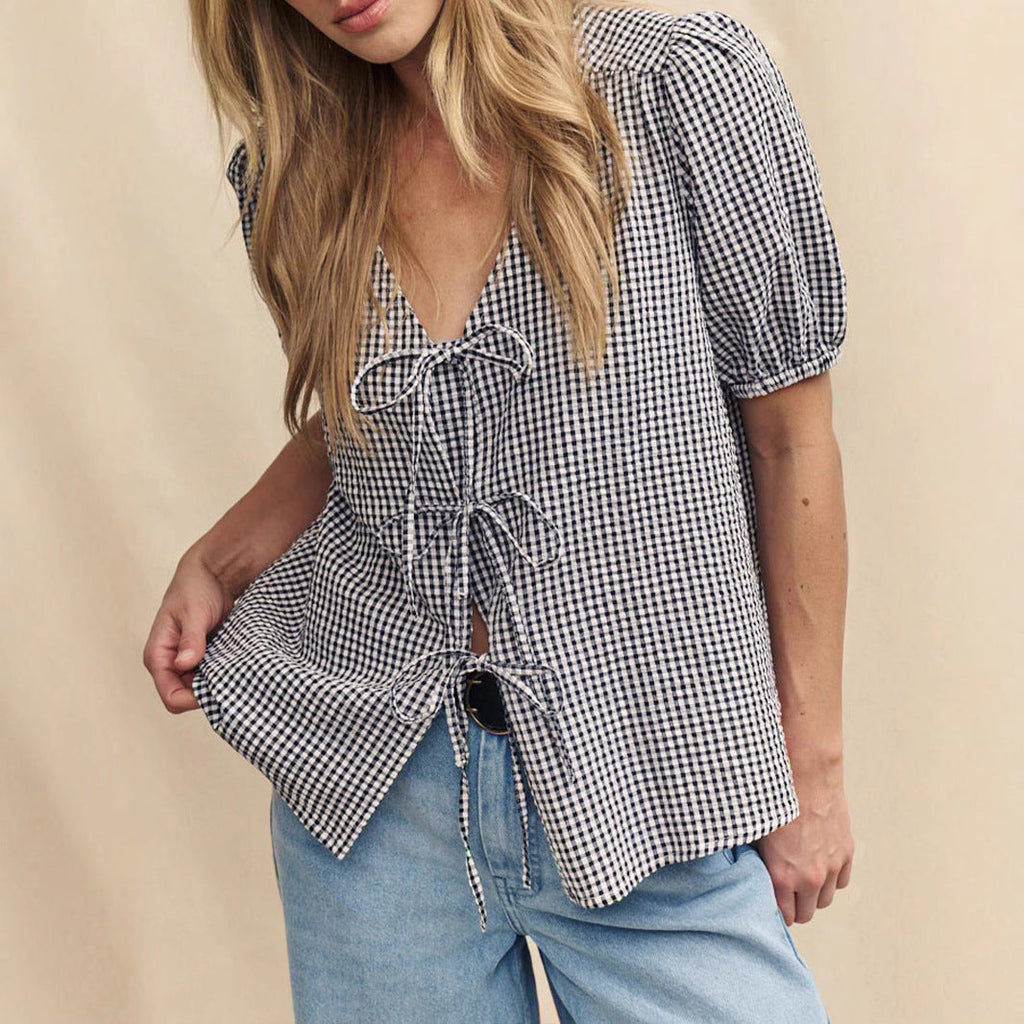 Women's Blouse with Knot Detail and Puffy Sleeves