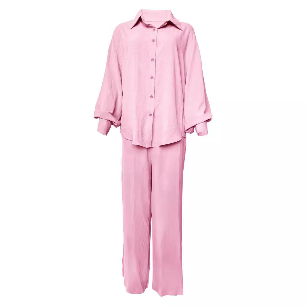 Women's Casual Two-Piece Set with Airy Blouse and Wide-Leg Pants