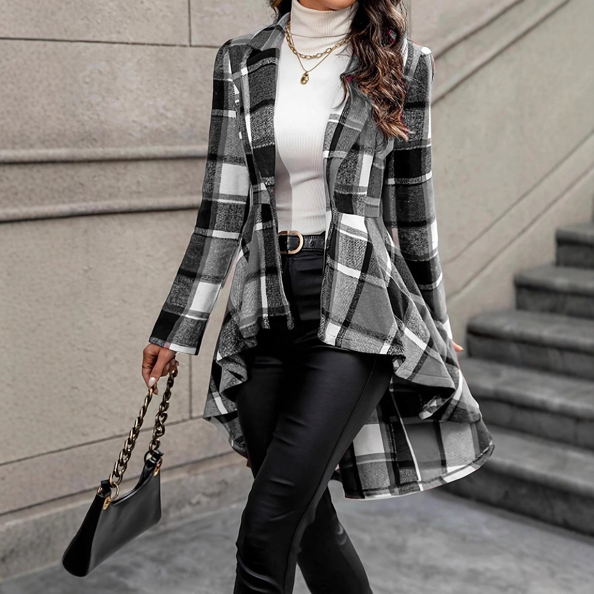 Elegant and Flowing Plaid Jacket with Asymmetric Hem
