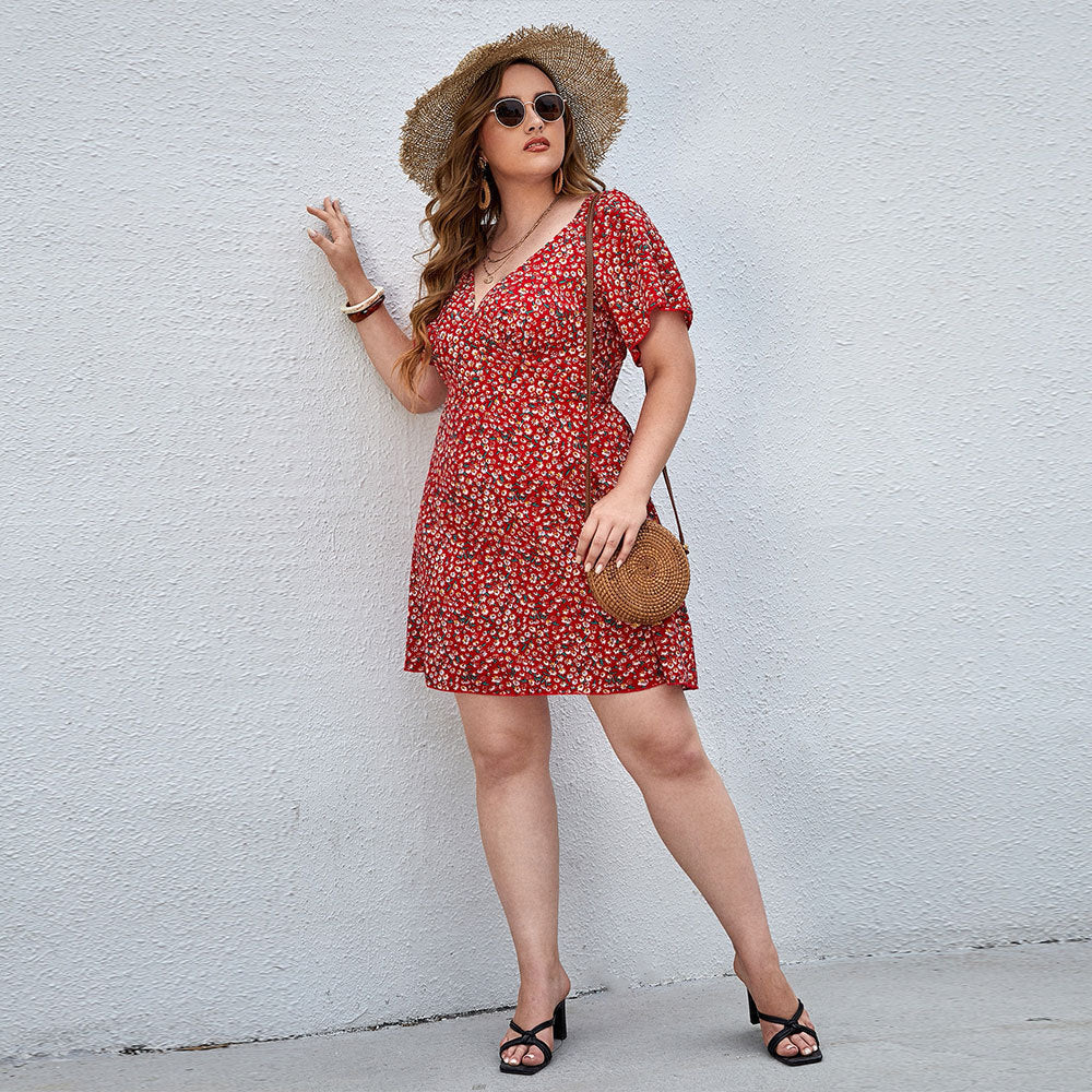 Women's Floral Summer Dress with V-Neck and Loose Sleeves