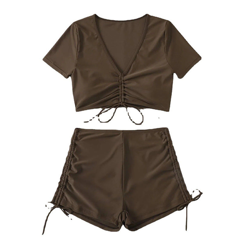 Women's Swimwear Set with Ruched Top and High-Cut Legs