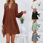 Casual Blouse with Balloon Sleeves and Full Button Placket