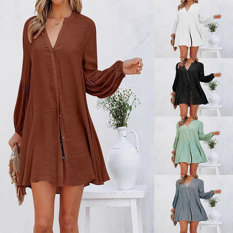 Casual Blouse with Balloon Sleeves and Full Button Placket