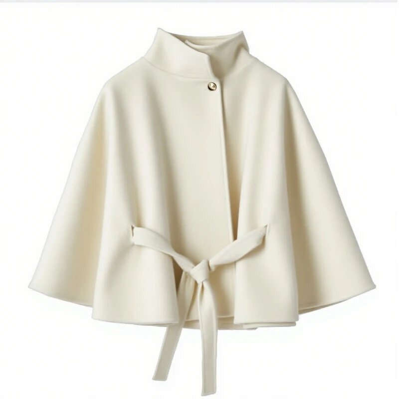 Elegant Cape Jacket with Tie Belt and High Collar