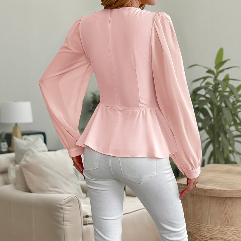 Women's Wrap Blouse with Decorative Floral Appliqué
