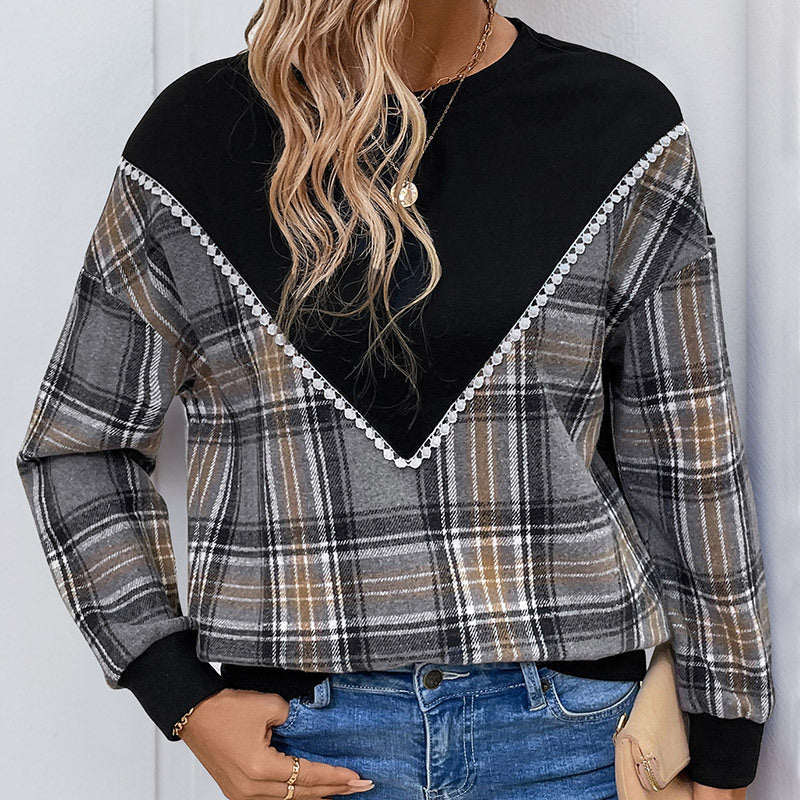 Women's Comfortable Plaid Sweater with Decorative V-Neck and Elastic Cuffs