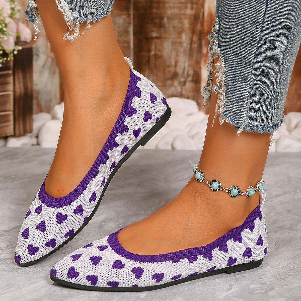 Women's Knit Ballerina Flats with Heart Pattern